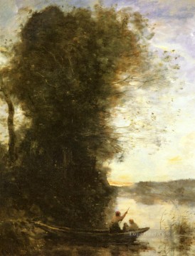 Jean Baptiste Camille Corot Painting - Le Batelier Quittant La Rive Avec Une Femme Et Une Femme plein air Romanticismo Jean Baptiste Camille Corot